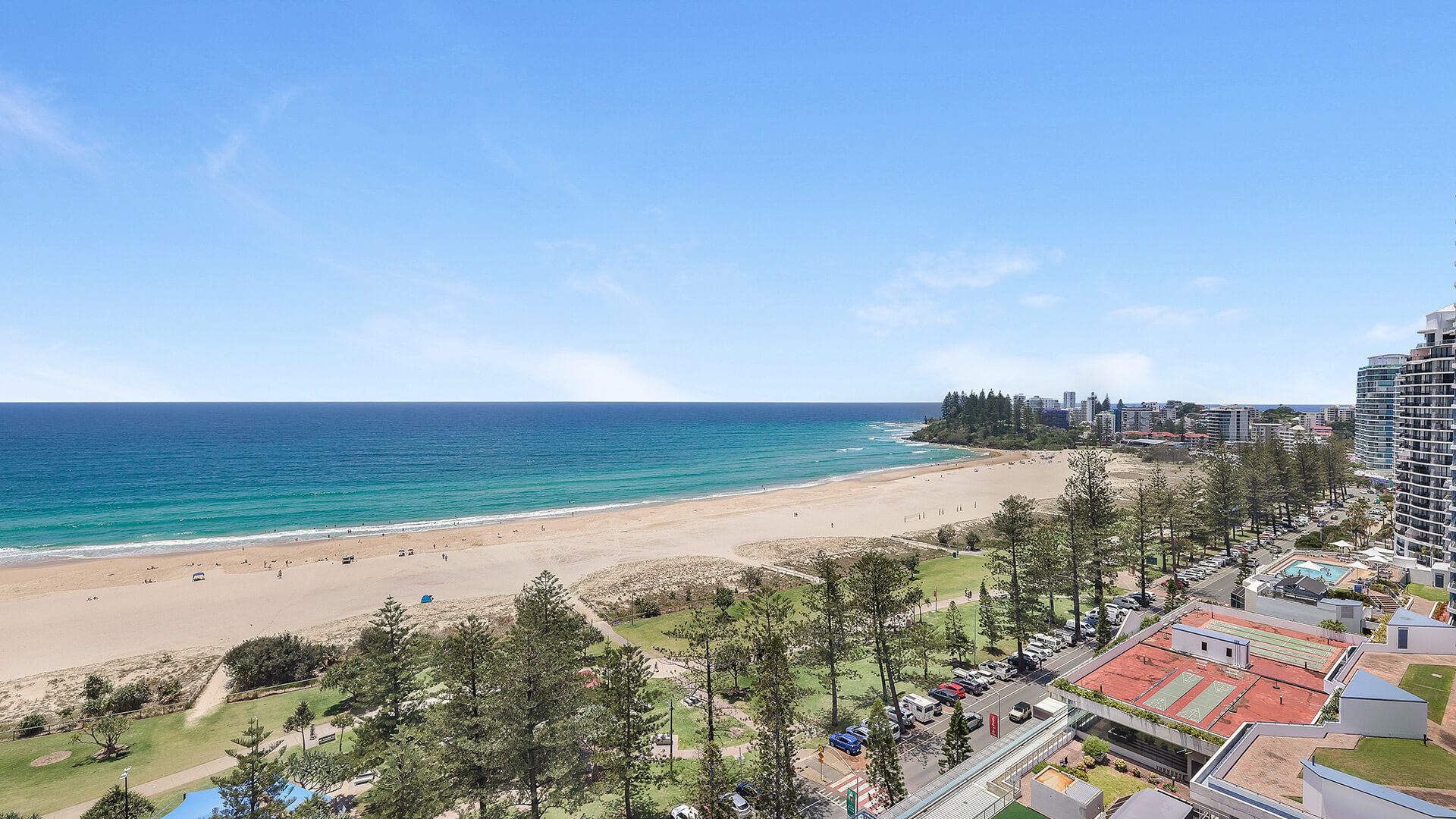 Expansive view from the 2 Bedroom Superior Ocean View Apartment showing Coolangatta Beach, parklands & coastline toward Rainbow Bay & Greenmount.