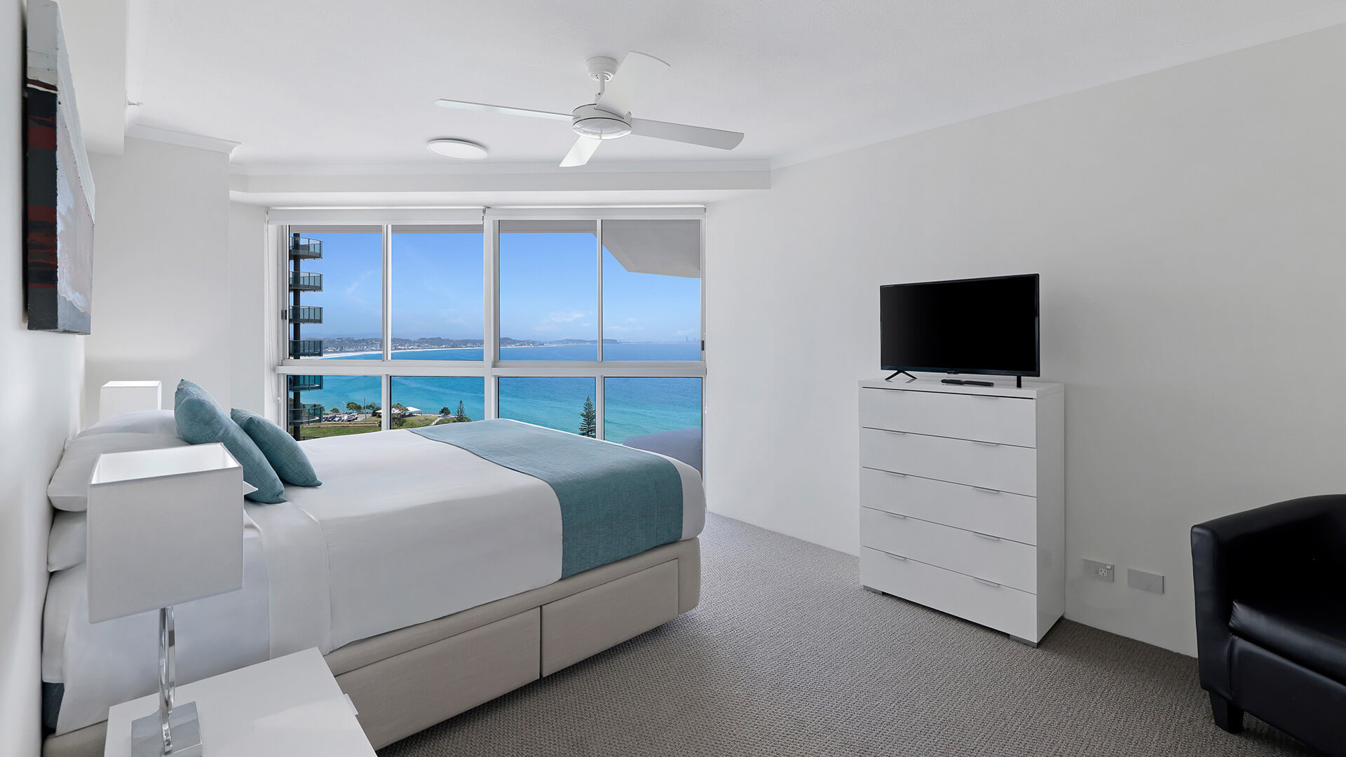 Main bedroom with ocean views in the Superior 1 Bedroom Ocean View Apartment at ULTIQA Points North.