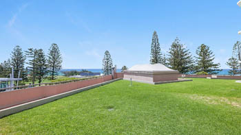 Expansive grassy courtyard area of the Superior 2 Bedroom Courtyard Apartment at ULTIQA Points North, with ocean glimpses and landscaped surroundings.