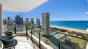 Balcony of the 2 Bedroom Ocean View Apartment at ULTIQA Beach Haven on Broadbeach with sweeping views of the Gold Coast skyline and ocean.
