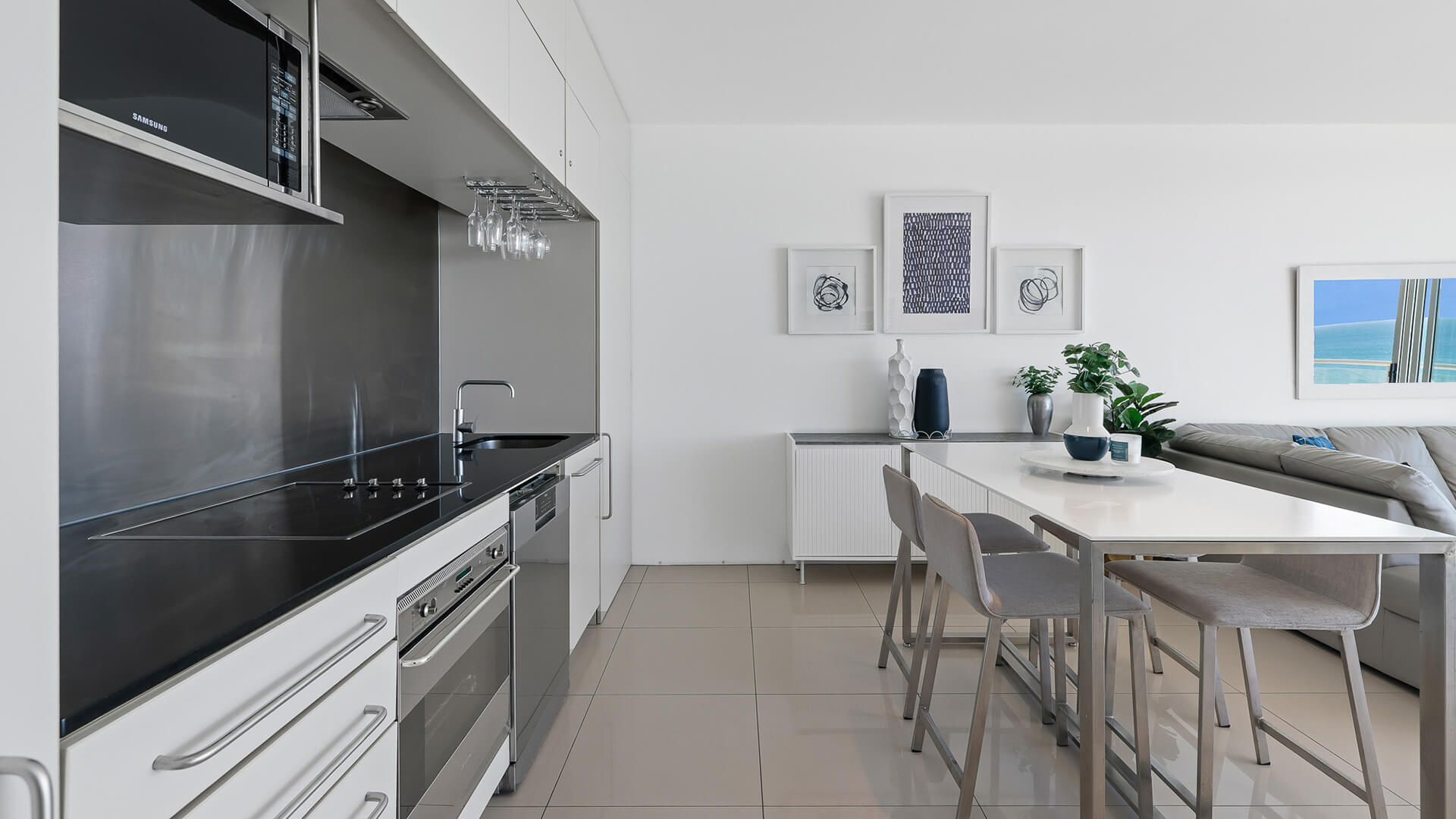 Dining and Kitchen Area in 1 Bedroom Ocean View Apartment at ULTIQA Air on Broadbeach.