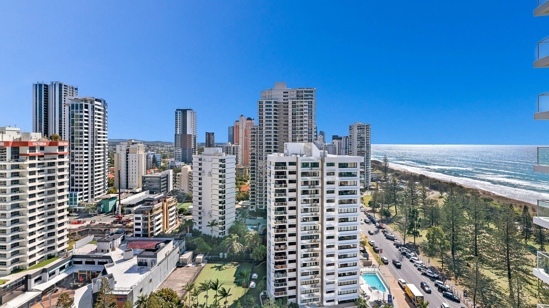 Oceanfront outlook across parklands and coastline from 2 Bedroom Gold Coast View Suite at ULTIQA Air on Broadbeach.