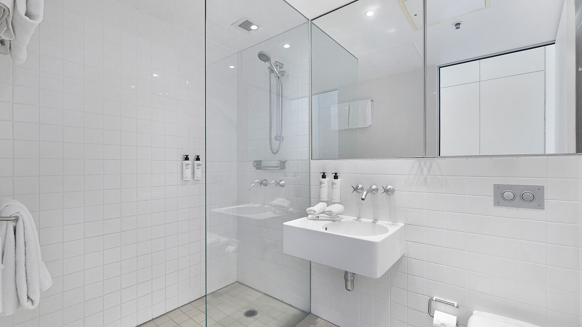 Bathroom with walk-in shower in 2 Bedroom Ocean View Apartment at ULTIQA Air on Broadbeach.