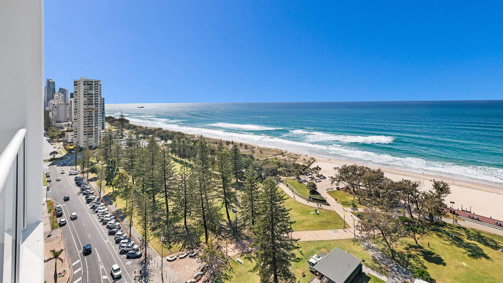 Ocean and park views from balcony at ULTIQA Air on Broadbeach.