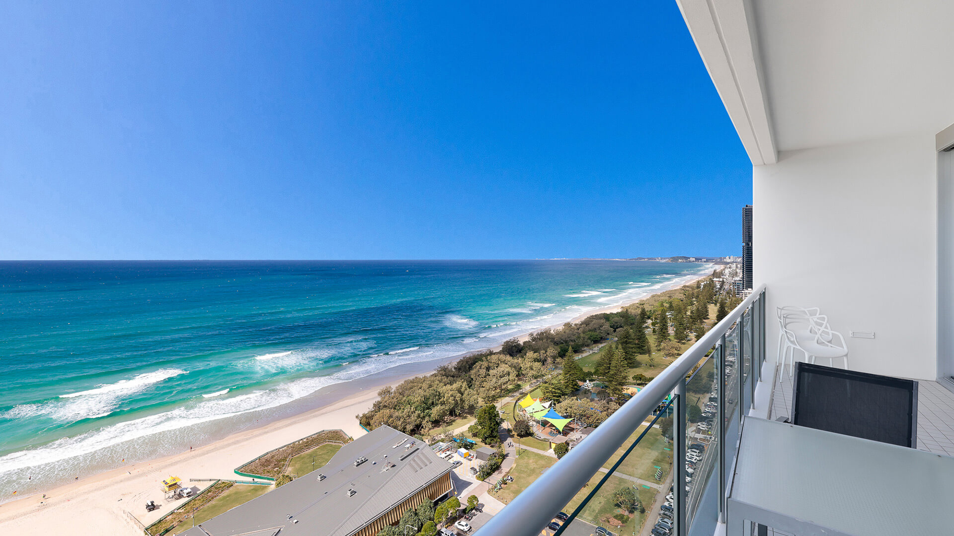 Ocean views from 2 Bedroom Ocean View Apartment at ULTIQA Air on Broadbeach balcony overlooking the coastline and Kurrawa Surf Club.