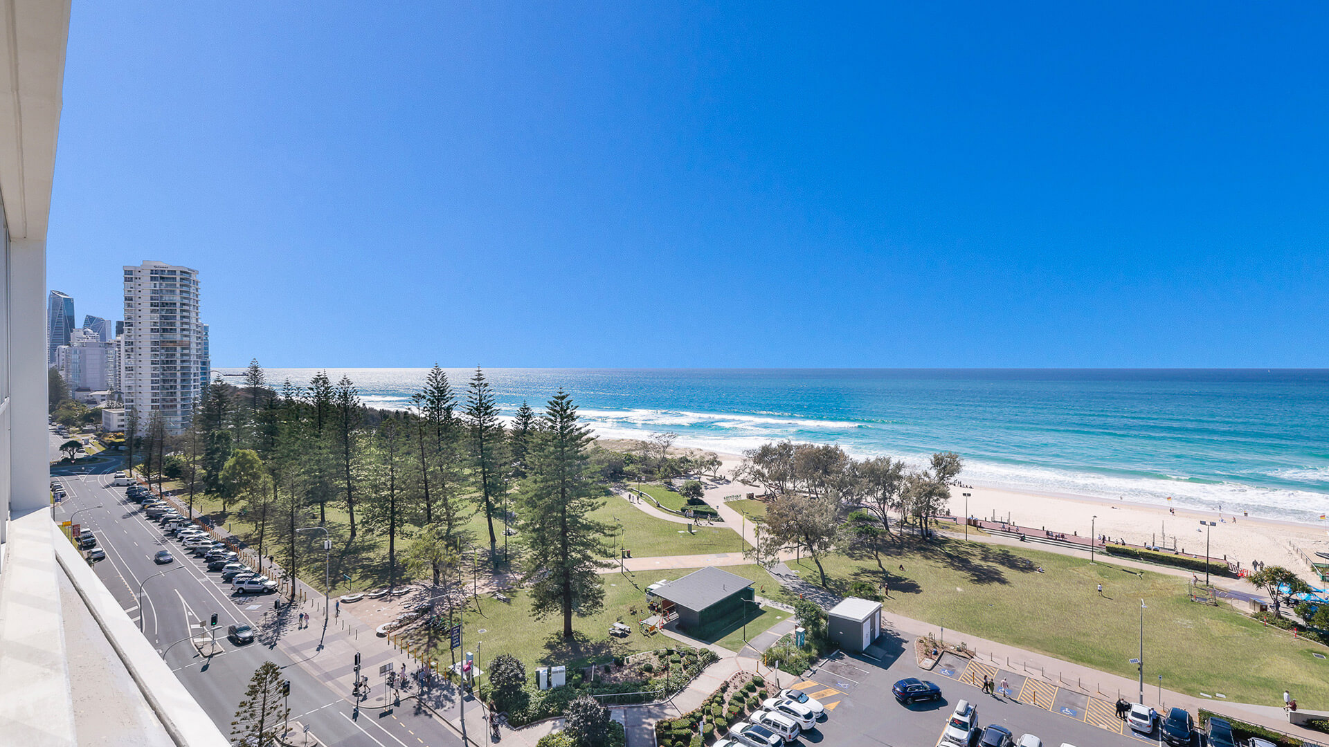 City skyline, park and beachfront views from 2 Bedroom Ocean View Suite at ULTIQA Air on Broadbeach.