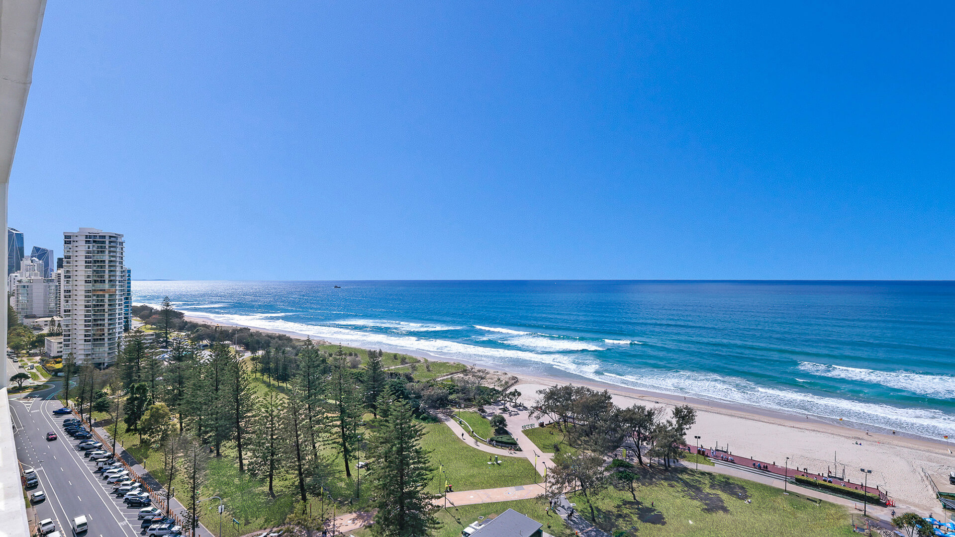 Ocean and park views from balcony of the 2 Bedroom Ocean View Suite at ULTIQA Air on Broadbeach.
