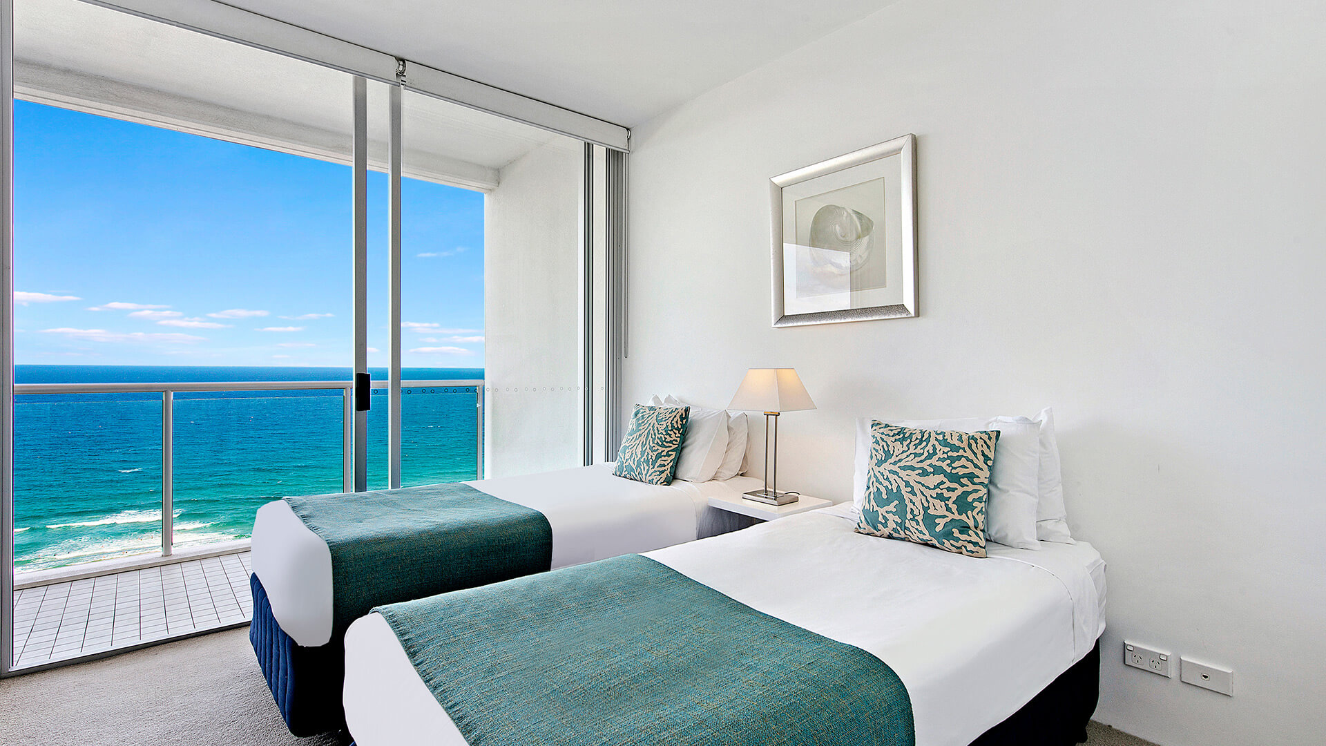 Twin bedroom with ocean views and private balcony – 2 Bedroom Ocean View Suite at ULTIQA Air on Broadbeach.