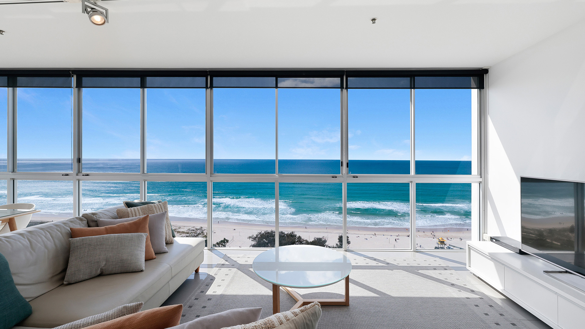 3 Bedroom Ocean View Apartment at ULTIQA Air on Broadbeach with panoramic beach and ocean views from the living room.