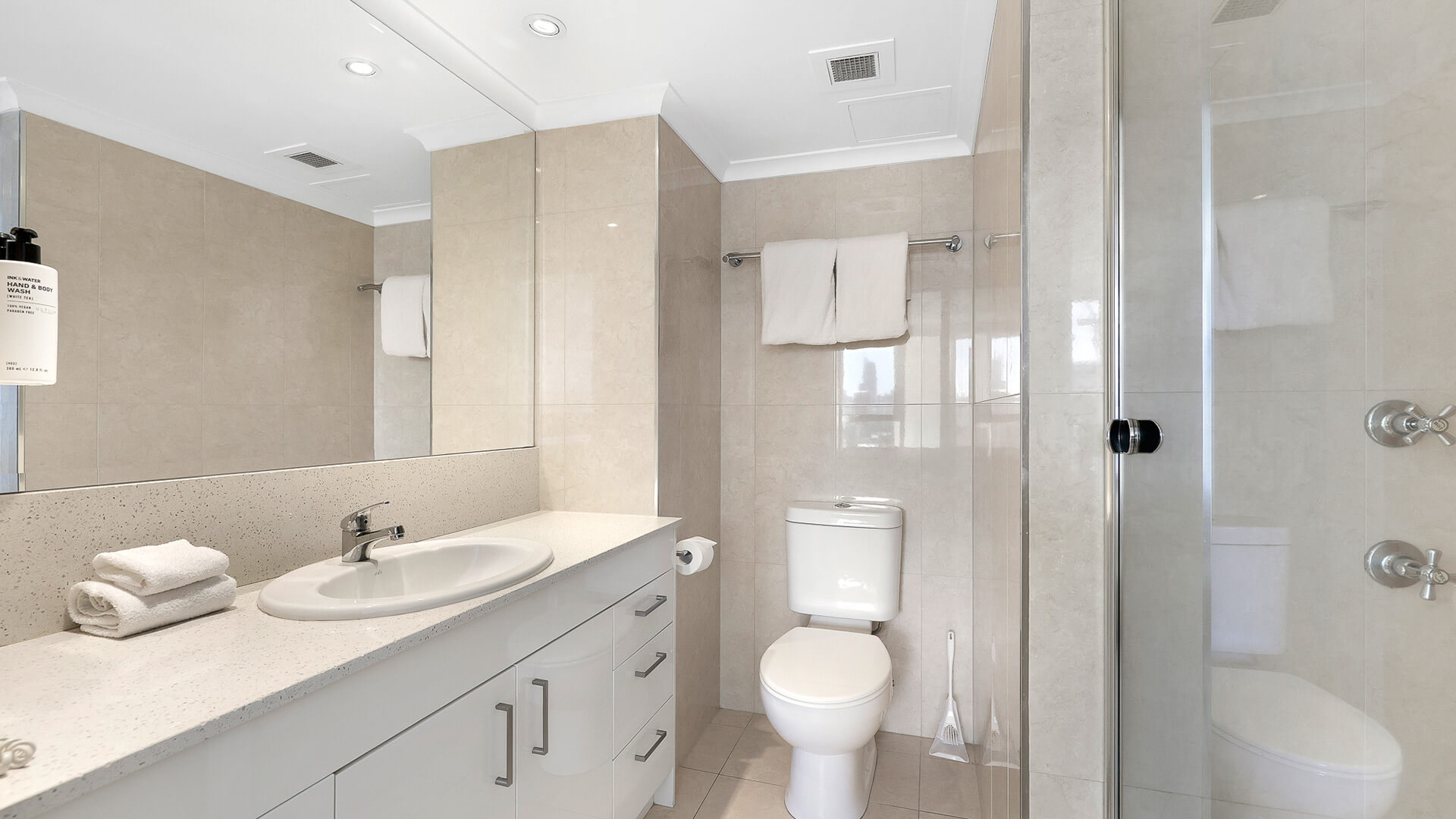 Bathroom in the 2 Bedroom Ocean View Apartment at ULTIQA Beach Haven with glass shower, vanity, and modern finishes.