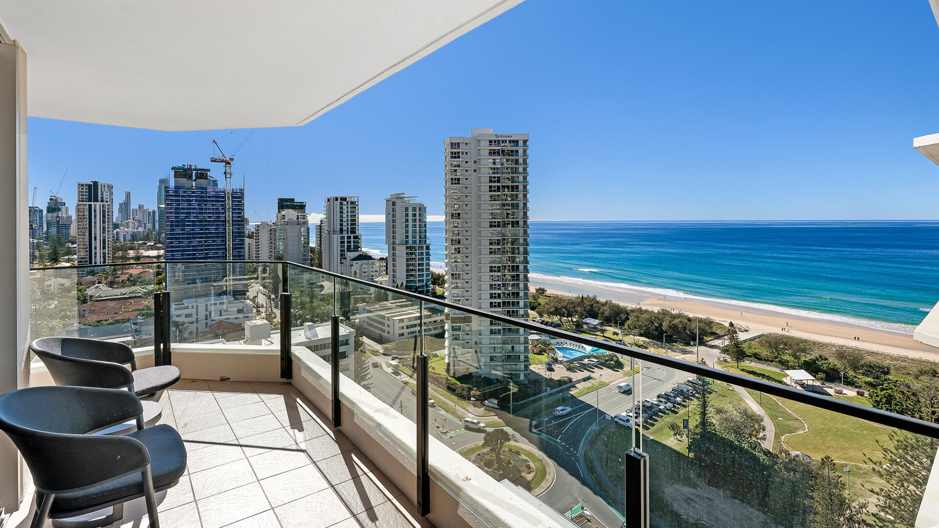 Balcony of the 2 Bedroom Ocean View Apartment at ULTIQA Beach Haven with sweeping views of the Gold Coast skyline and ocean.