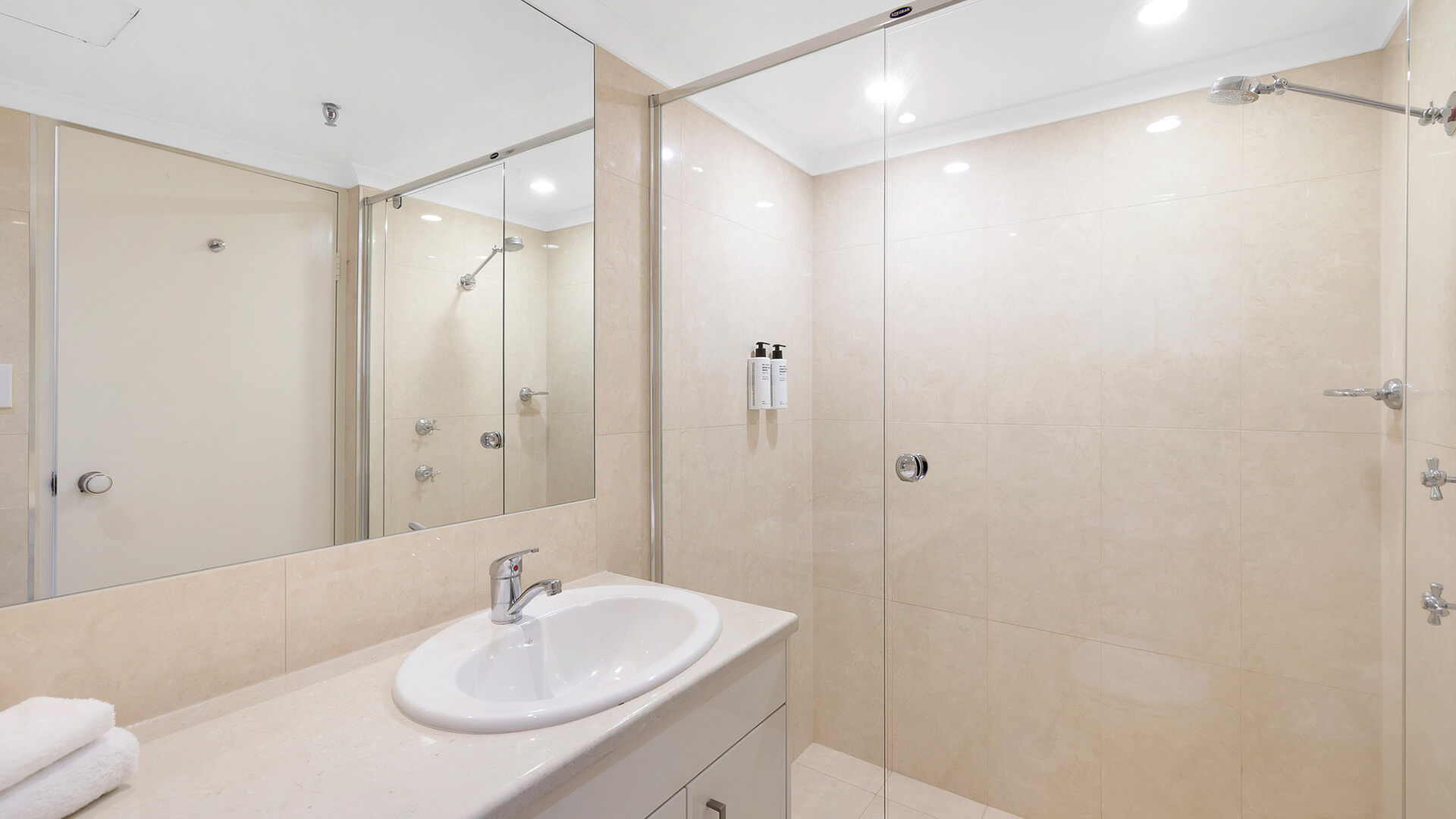 Bathroom in the 2 Bedroom Ocean View Apartment at ULTIQA Beach Haven with large walk-in shower and modern vanity.