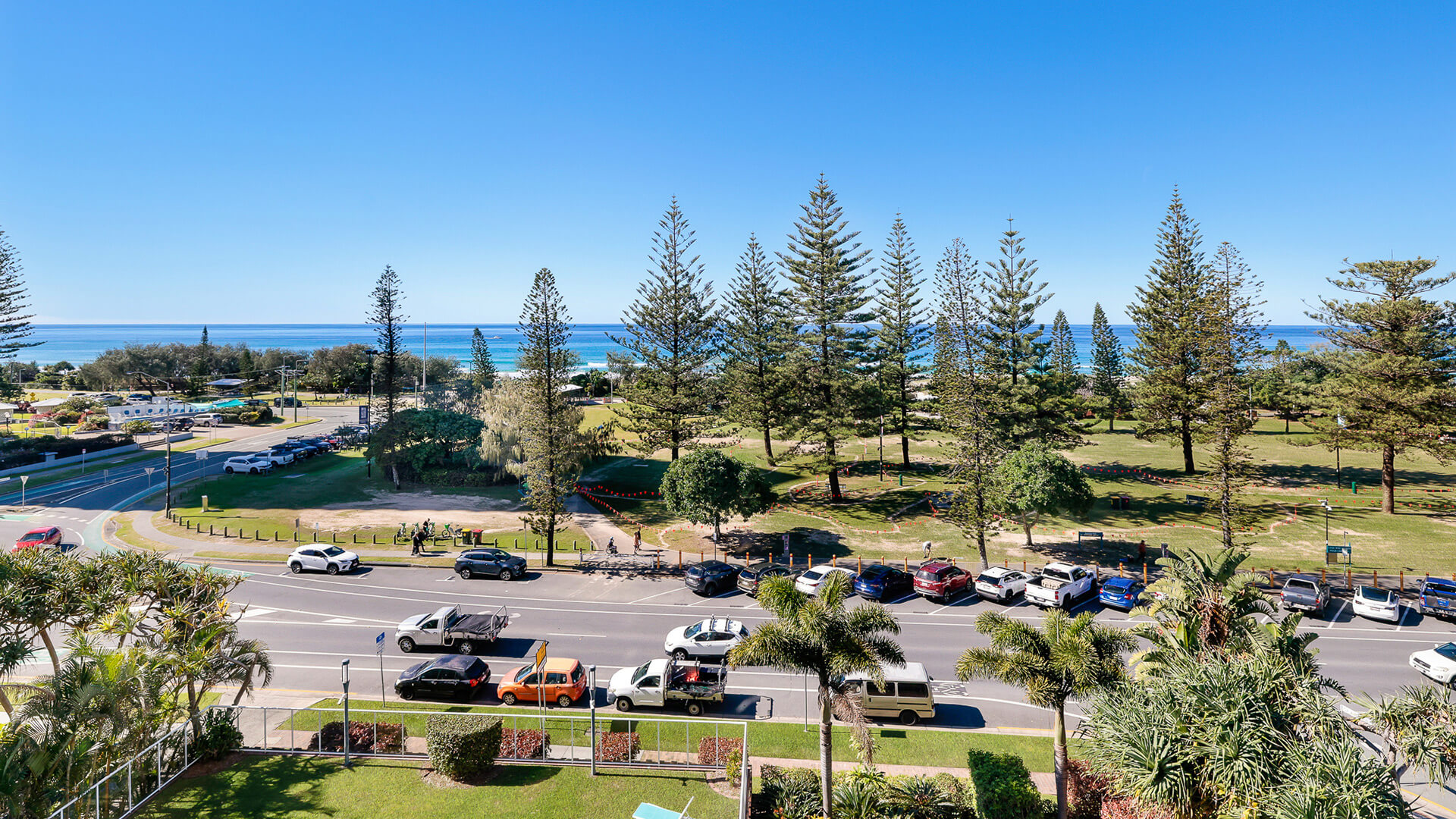 Ocean and park views from the 2 Bedroom Ocean View Apartment at ULTIQA Beach Haven, overlooking Broadbeach parklands and coastline.
