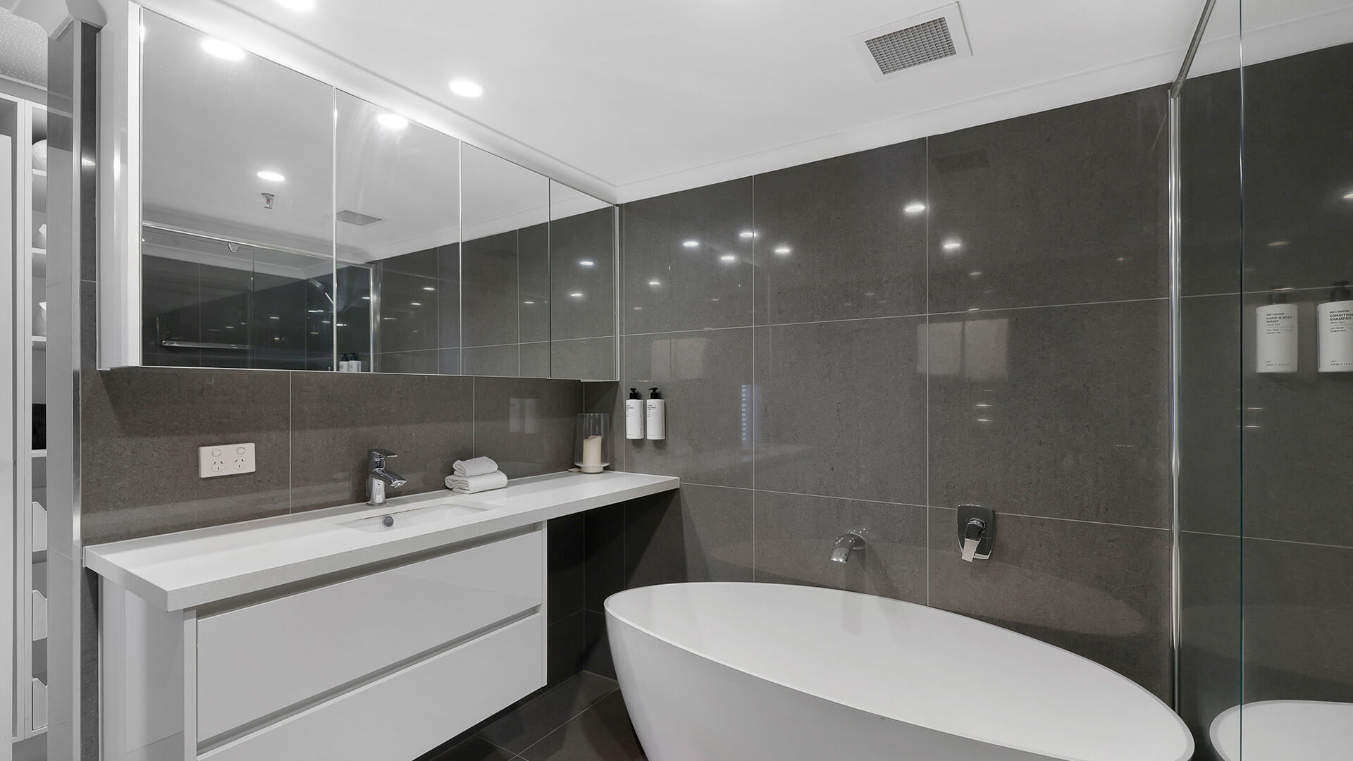 Bathroom featuring a freestanding bathtub, modern vanity, mirrored cabinets, and walk-in shower.