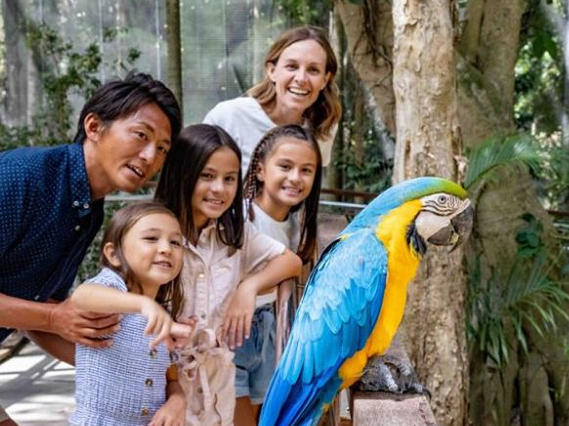 Smiling family admiring a vibrant blue and yellow parrot at a wildlife sanctuary or zoo.