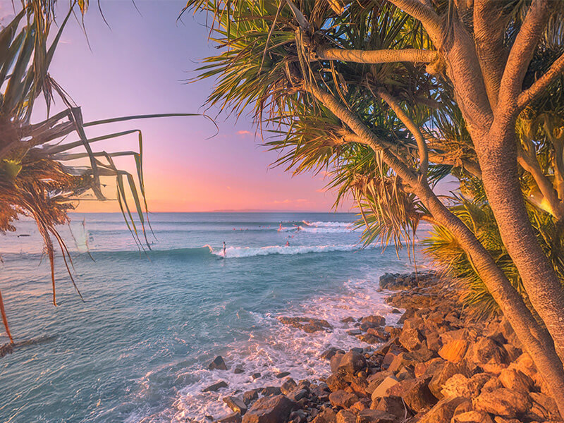 Surfers riding waves at sunset on the Sunshine Coast.