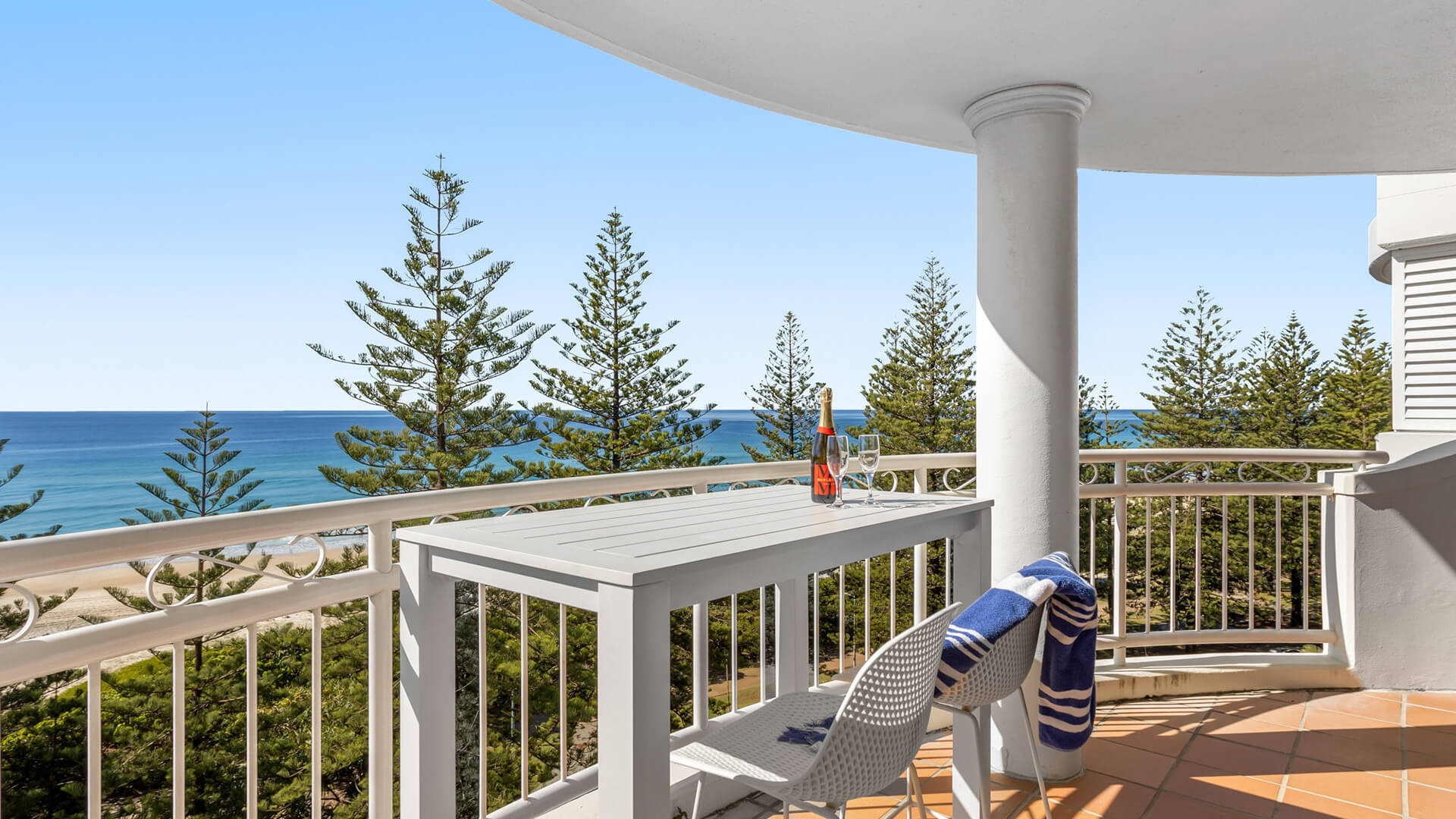 Private balcony with ocean views in 1 Bedroom Superior Ocean View Apartment at ULTIQA Burleigh Mediterranean Resort.