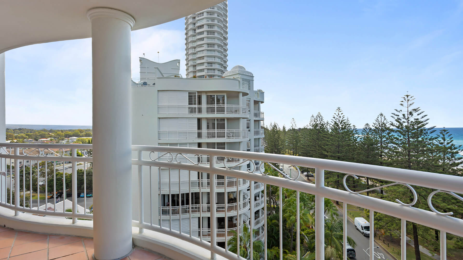 Balcony with coastal and ocean views in 2 Bedroom Apartment at ULTIQA Burleigh Mediterranean Resort.