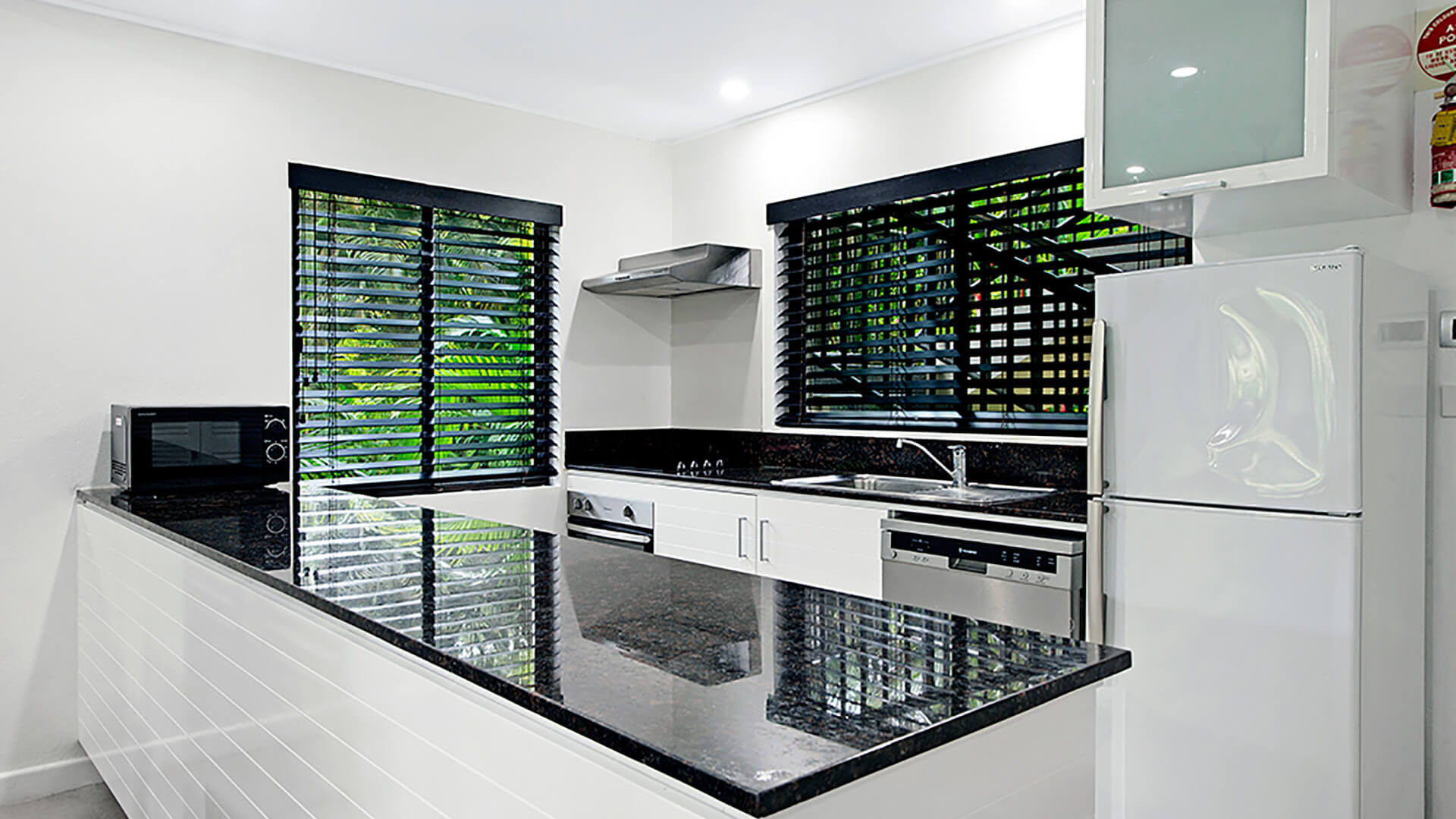 Modern kitchen in 2 Bedroom Apartment at ULTIQA Fiji Palms with black stone benchtops, stainless steel appliances, and garden views.