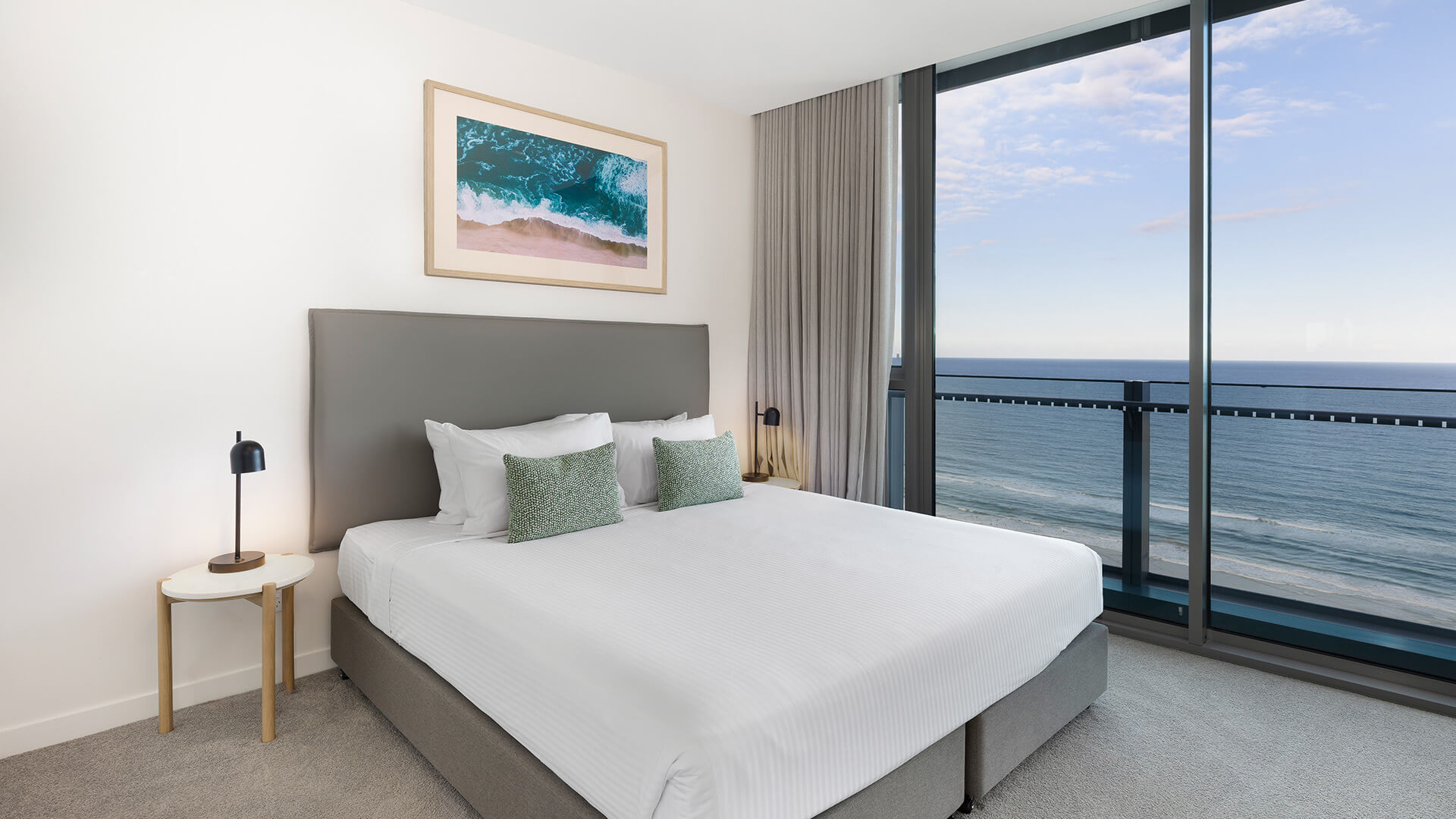 Master bedroom with ocean views in the 2 Bedroom Ocean View Suite Premium at ULTIQA Signature at Broadbeach.