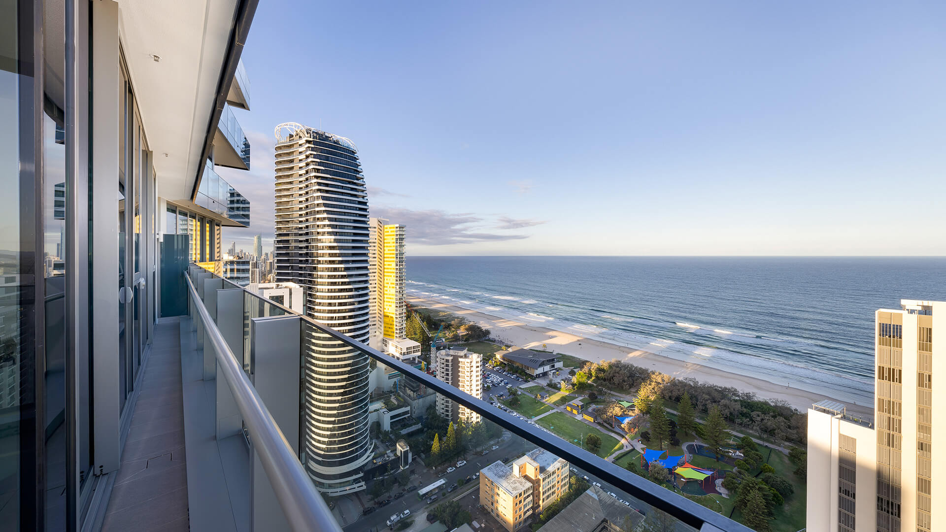 Balcony with uninterrupted ocean and beach views in the 2 Bedroom Ocean View Suite Premium at ULTIQA Signature at Broadbeach.