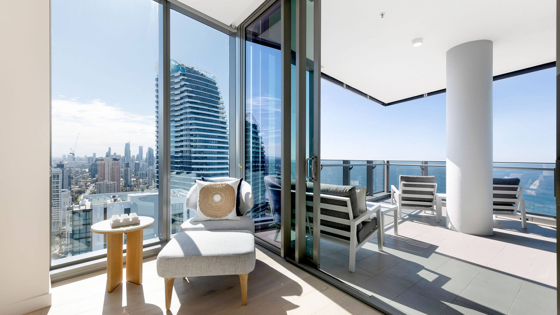 Balcony in 3 Bedroom Ocean Sub-Penthouse at ULTIQA Signature at Broadbeach with city and ocean views.
