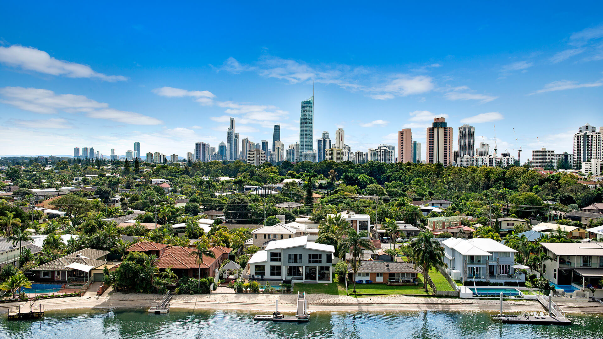 Views of the Surfers Paradise skyline and waterfront homes from the 3 Bedroom Apartment at ULTIQA Freshwater Point Resort.